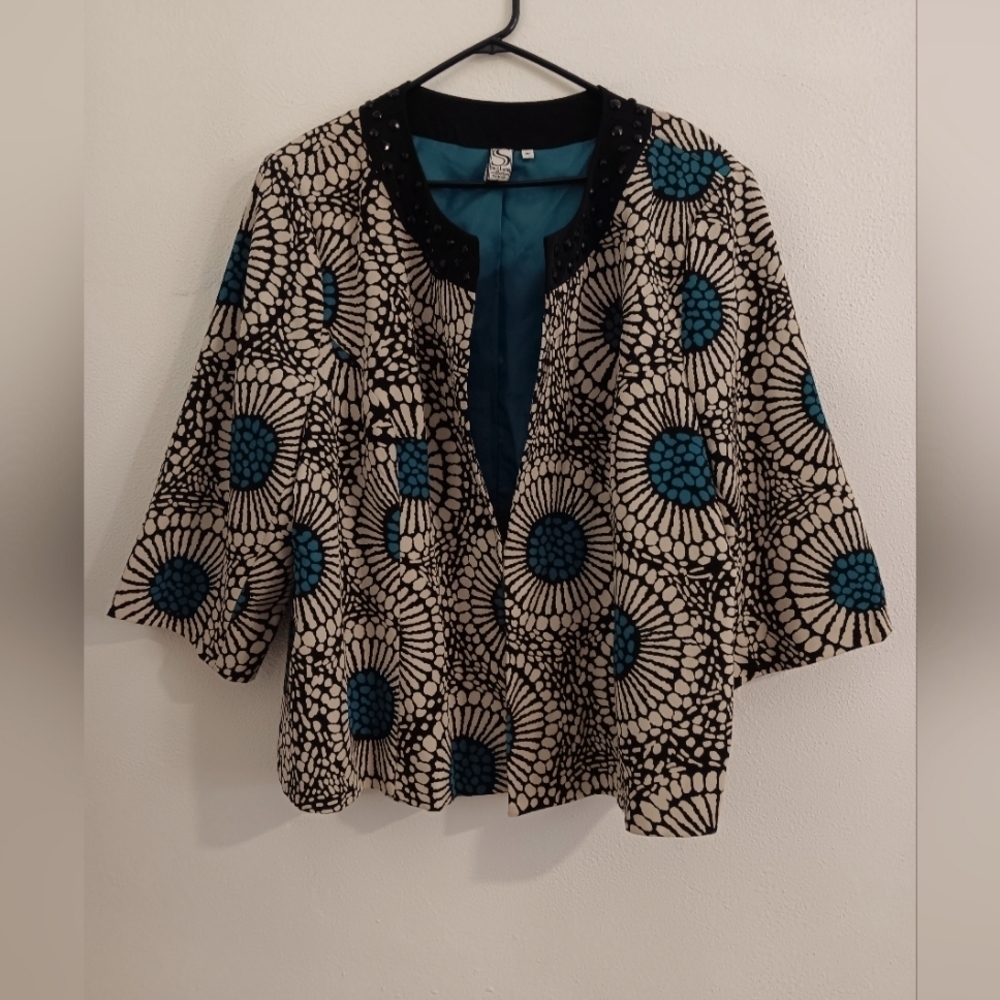 Silk Land Collection women's jacket size 3X tan teal black pattern